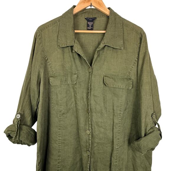 Anne Carson 2X Women's 100% Olive Green Button Up Tunic Long Shirt Dress - Picture 3 of 11